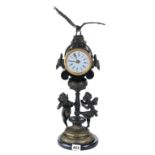 A VICTORIAN STYLE BRONZE FINISH CLOCK, circular drum-head movement supported by two putti,