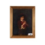 A LATE 19TH/EARLY 20TH CENTURY OIL ON CANVAS, young boy playing a pipe, unsigned,