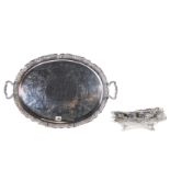 A 19TH CENTURY OVAL SILVER PLATED ON COPPER TEA TRAY with serpent handles,