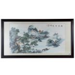 A 20TH CENTURY ORIENTAL WATERCOLOUR AND INK DRAWING depicting figures in a landscape,