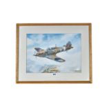 STANLEY T GLEED, A 20TH CENTURY WATERCOLOUR depicting a Battle of Britain hurricane areoplane,