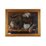 A 19TH CENTURY OIL ON CANVAS, still life with dead game and fruit, unsigned, 23 ins x 31 1/2 ins,