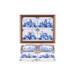A PAIR OF 18TH CENTURY BLUE AND WHITE TILES with scenic centres and manganese borders, one a.