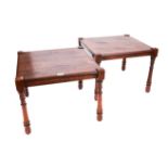 A PAIR OF 19TH CENTURY MAHOGANY LOW TABLES each on baluster turned supports, adapted 17 ins square.