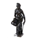 A 19TH CENTURY BRONZE FIGURE OF A SEATED NAKED LADY holding sculpters tools,