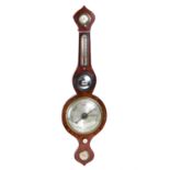 A 19TH CENTURY MAHOGANY BANJO BAROMETER, 8 ins silvered dial with mirror, thermometer,