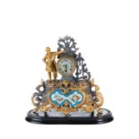 A 19TH CENTURY FRENCH GILT SPELTER AND PORCELAIN CASED MANTEL CLOCK, single train movement,