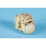 A 19TH CENTURY JAPANESE CARVED IVORY NETSUKE carved as a Shi Shi lion dog with a ball, unsigned,