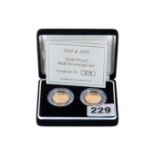 A 2004/2005 GOLD PROOF 2 COIN HALF SOVEREIGN SET, limited edition, approximately 8 grams the two.