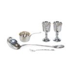 A FRENCH CHRISTOFLE SILVER PLATED SOUP LADLE with foliate motif handle, a ditto BRANDY PAN,