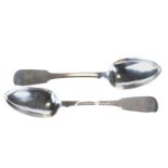 A PAIR OF WILLIAM IV IRISH SILVER FIDDLE PATTERN TABLE SPOONS, engraved thistle and bee crest,