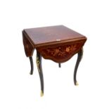 A REPRODUCTION FRENCH STYLE MARQUETRY INLAID OCCASSIONAL TABLE, four drop flaps,