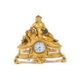 A 19TH CENTURY FRENCH BRONZE ORMOLU WHITE MARBLE MANTEL CLOCK,