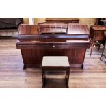 AN ART DECO STYLE EAVESTAFF "PIANETTE" MINI PIANO in a mahogany case together with a hinged seat