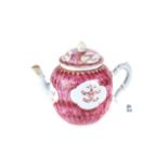 AN 18TH CENTURY CHINESE PORCELAIN TEAPOT AND COVER, pink ground with panels of flowers, 6 ins high,