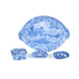 A 19TH CENTURY RECTANGULAR BLUE AND WHITE TRANSFER DECORATED SOAP DISH, STRAINER AND COVER,