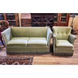 A 20TH CENTURY DROP-END KNOLE TWO SEATER SETTEE upholstered in brass studded green velour and an