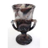 Glass : a North Country (Davidson) pedestal cup with three handles and impressed bulrush decoration