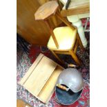 An assortment of items to include, a copper scuttle, a milking stool, a tambour front desk top,