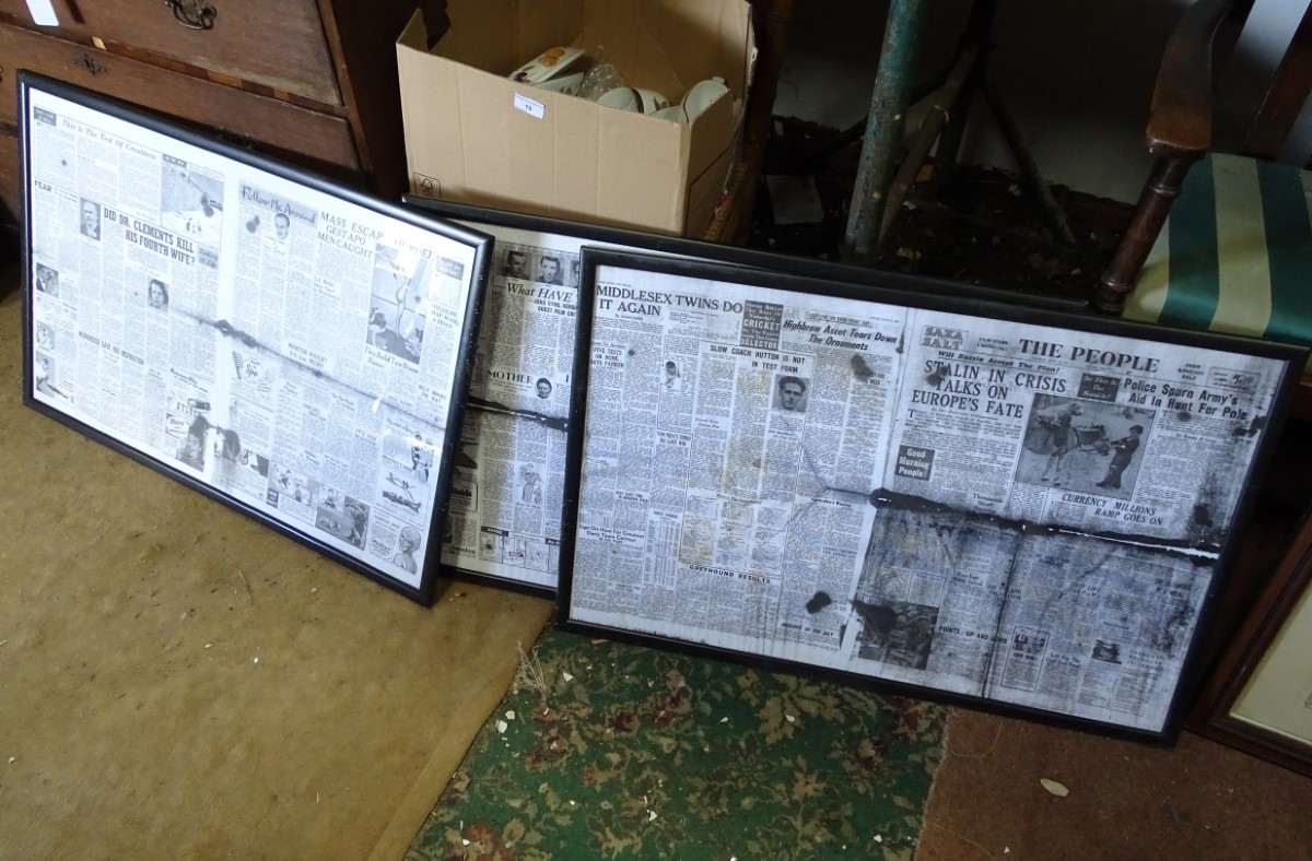 3 framed prints of The People newspaper from 1940's CONDITION: Please Note - we do