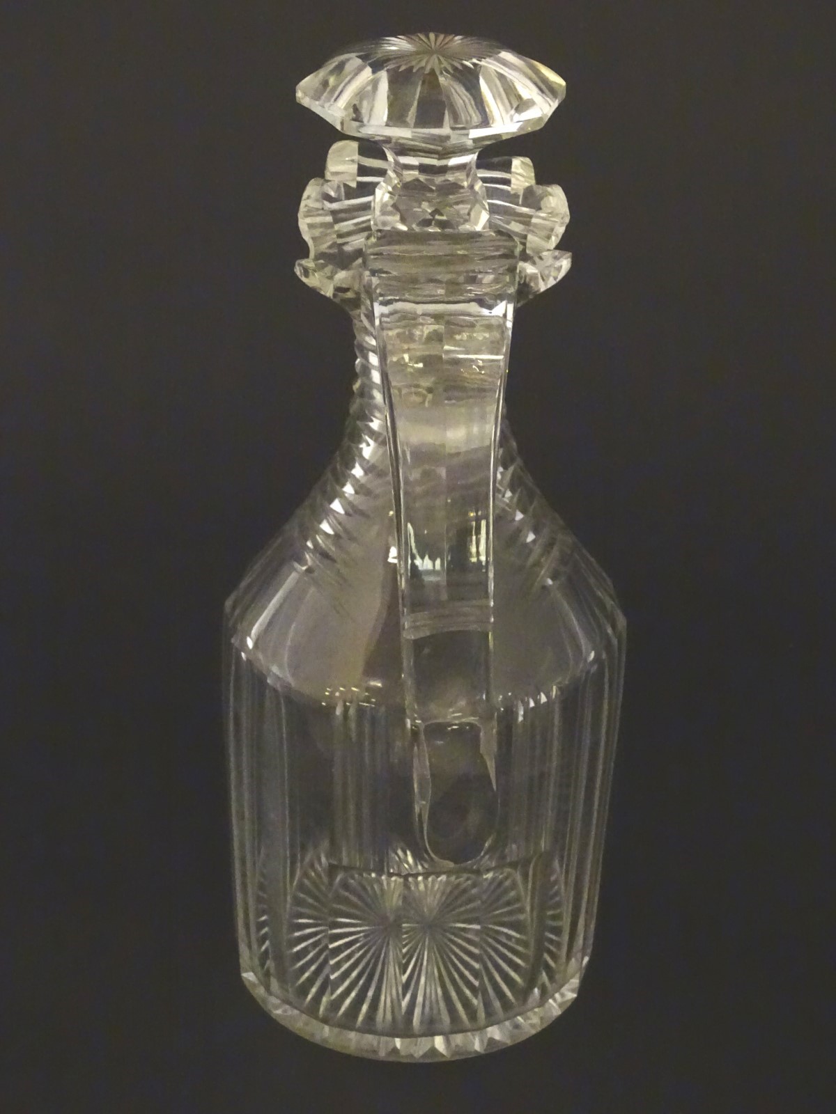 A 19thC Irish cut glass decanter and stopper, having a panelled body with ribbed neck, - Image 2 of 6