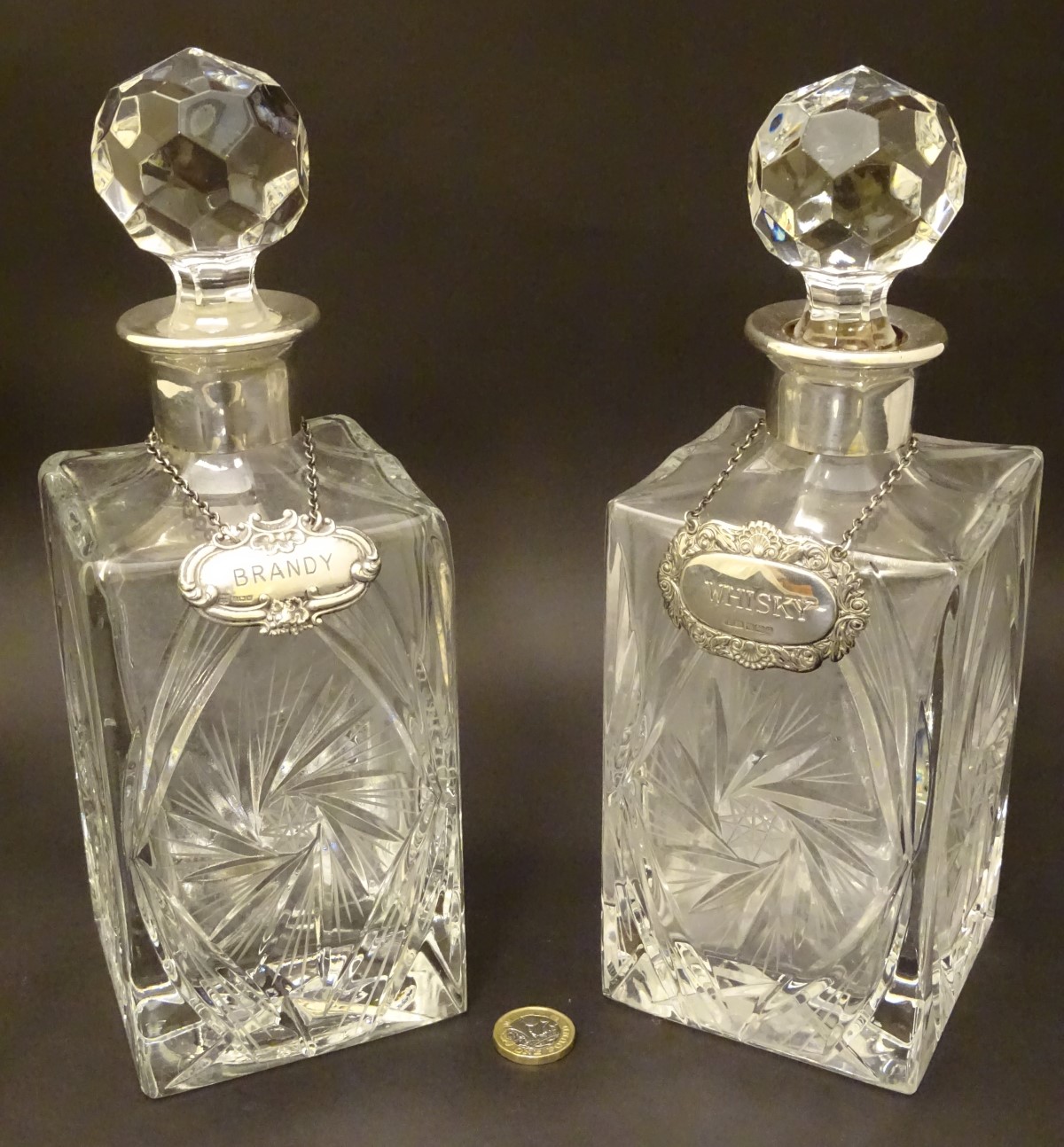 A pair of lead crystal decanters of squared form with mounted with silver collars, - Image 3 of 15