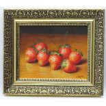 Tom Caspers XX, Oil on canvas laid on board, Still life of fruit, strawberries on a table,