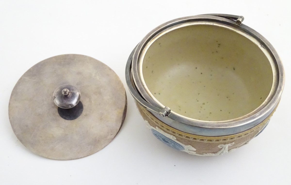 A Doulton Lambeth pot with a silver plate lid and swing handle, - Image 6 of 6