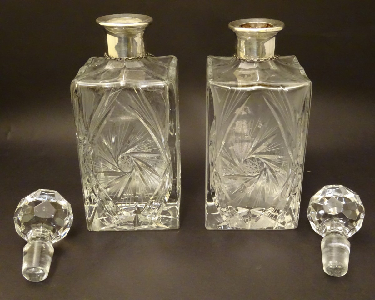 A pair of lead crystal decanters of squared form with mounted with silver collars, - Image 6 of 15