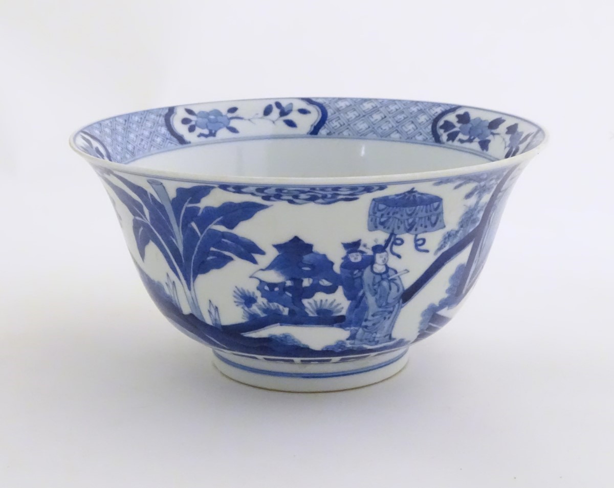 A Chinese blue and white footed bowl with a flared rim, - Image 6 of 7