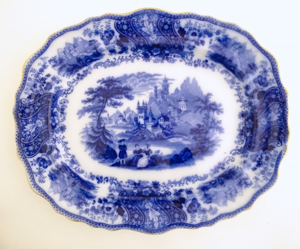 A Victorian blue and white meat plate in the pattern Non Pareil,