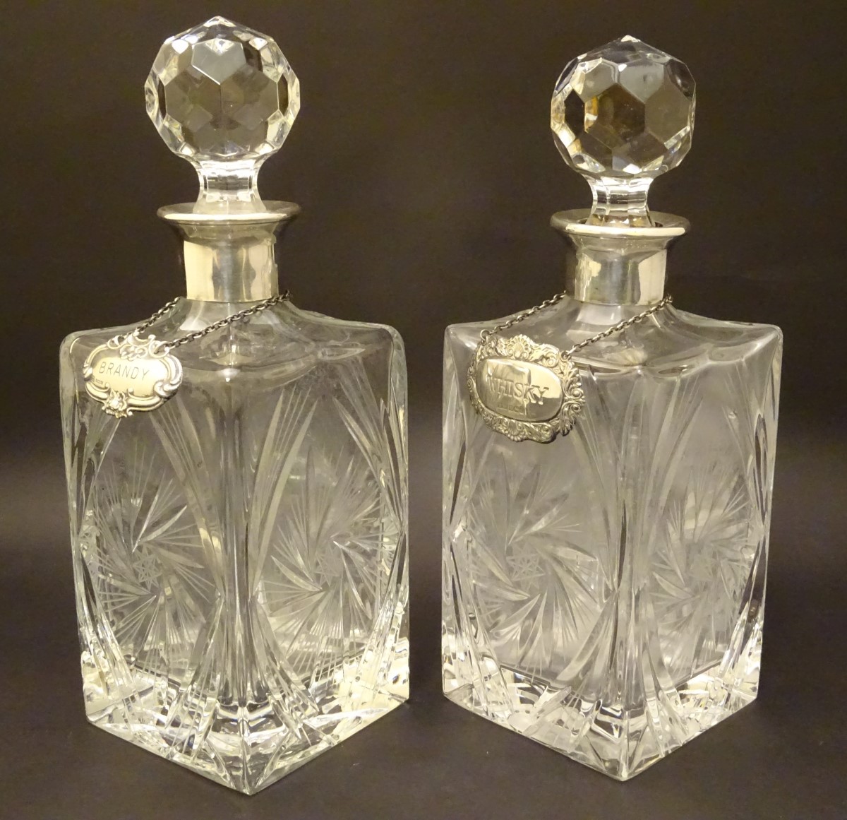 A pair of lead crystal decanters of squared form with mounted with silver collars, - Image 5 of 15