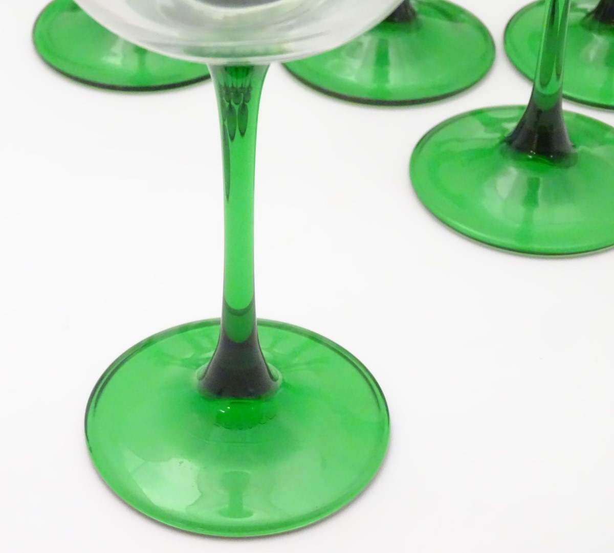 A collection of thirteen mid 20thC retro wine glasses by Luminarc, each with green stem, - Image 6 of 7