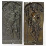 Two 19thC bronze panels decorated in relief depicting torch bearing young male figures in classical
