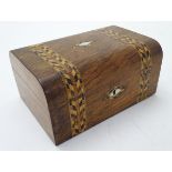 A mid / late 19thC ladies semi-domed workbox with banded parquetry inlay and mother of pearl