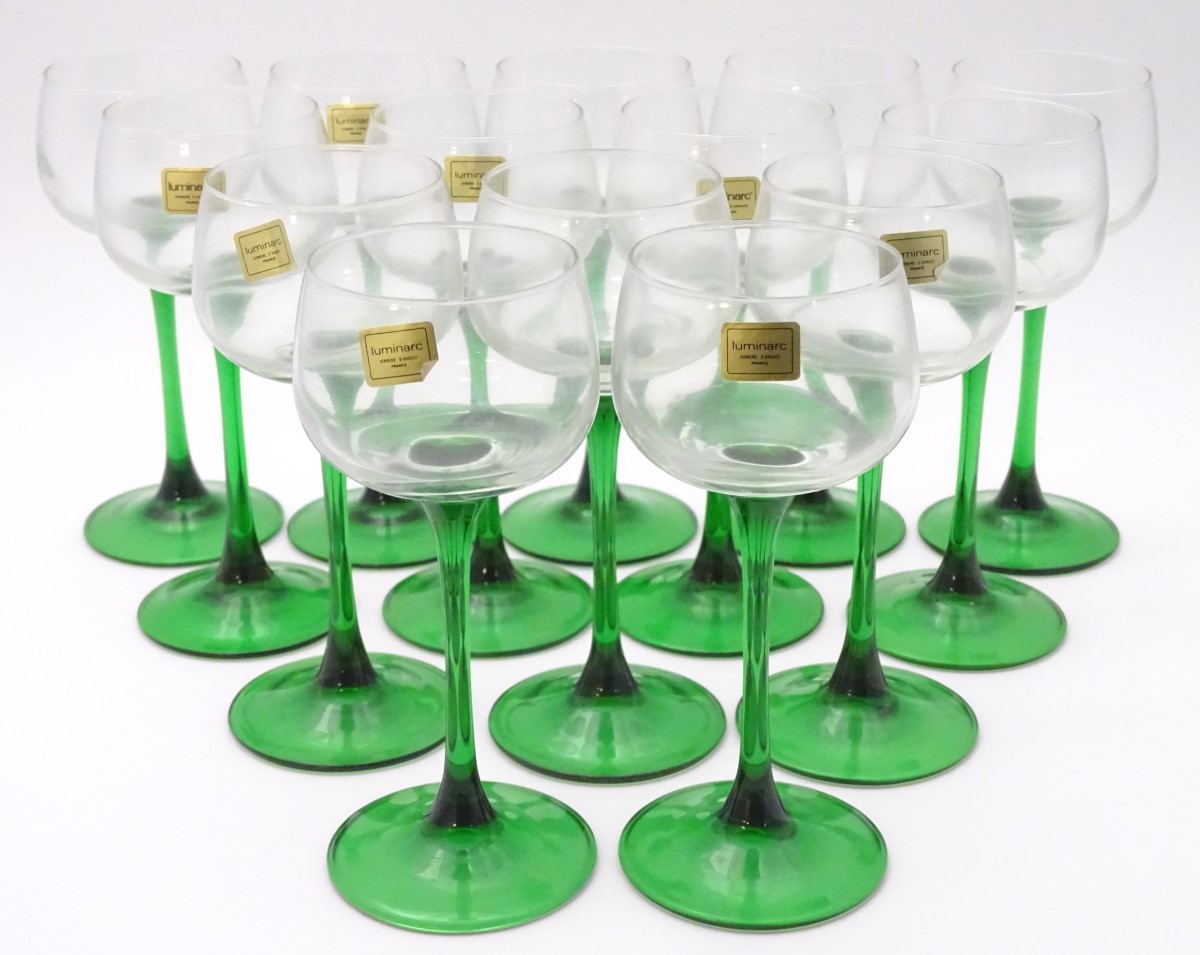 A collection of thirteen mid 20thC retro wine glasses by Luminarc, each with green stem, - Image 4 of 7