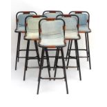 Vintage Retro : A set of 6 mid century high stools with denim covered seats supported with brown