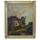 English School, XIX, Oil on board, A farmstead with a hay cart, horses, ducks,