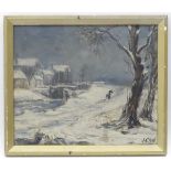 J.C.W., XX, Oil on canvas, A snow covered village landscape with figures walking along a path.