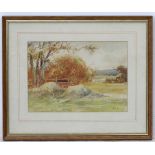 I G Sykes, mid XX, Watercolour, Country landscape with figures building a hay rick,