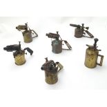 A collection of six vintage brass blowtorches, comprising three 1930s examples by T. E.