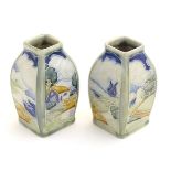 A pair of unusual Art Deco Royal Doulton Lambeth vases of squat square form.