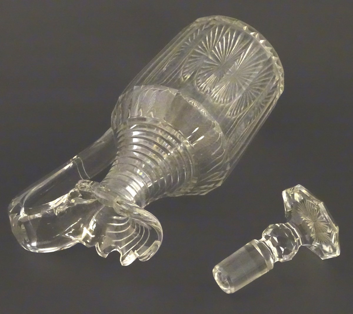 A 19thC Irish cut glass decanter and stopper, having a panelled body with ribbed neck, - Image 5 of 6