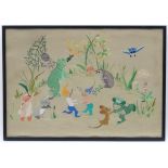 XX, Embroidery on silk, A cartoon scene with elves, frogs, rabbits, hedgehog, frog,