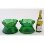 Manner of Loetz : A pair of early 20thC large green glass vases with wavy flared rims and
