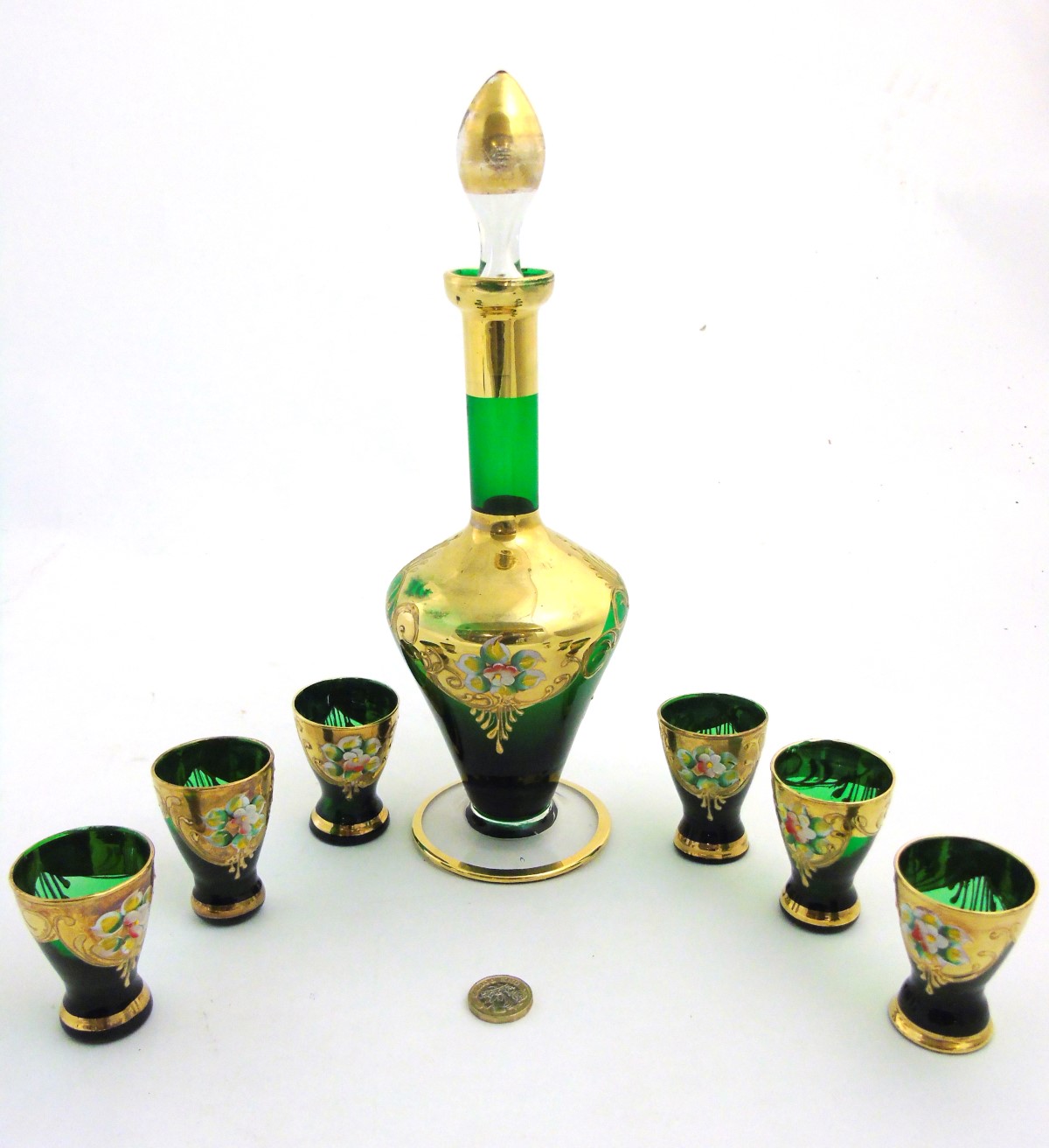A mid 20thC Murano liqueur set, comprising green glass decanter and six glasses, - Image 4 of 9