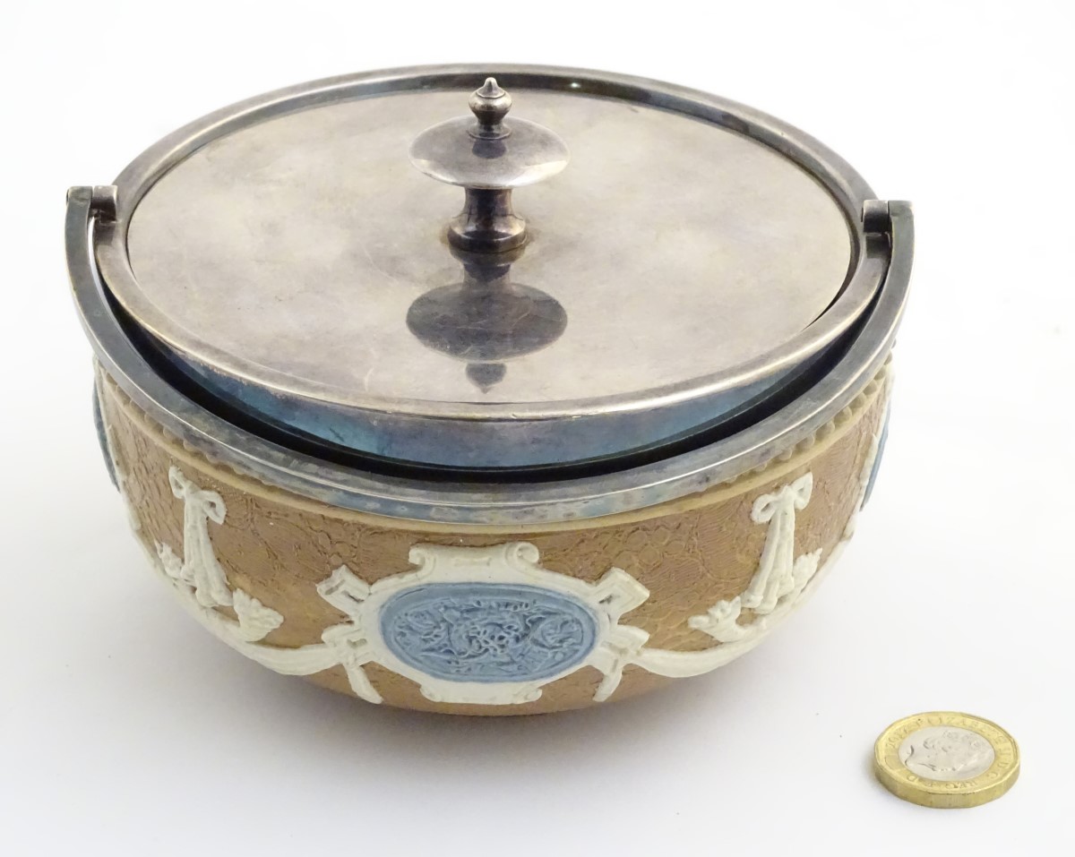 A Doulton Lambeth pot with a silver plate lid and swing handle, - Image 3 of 6