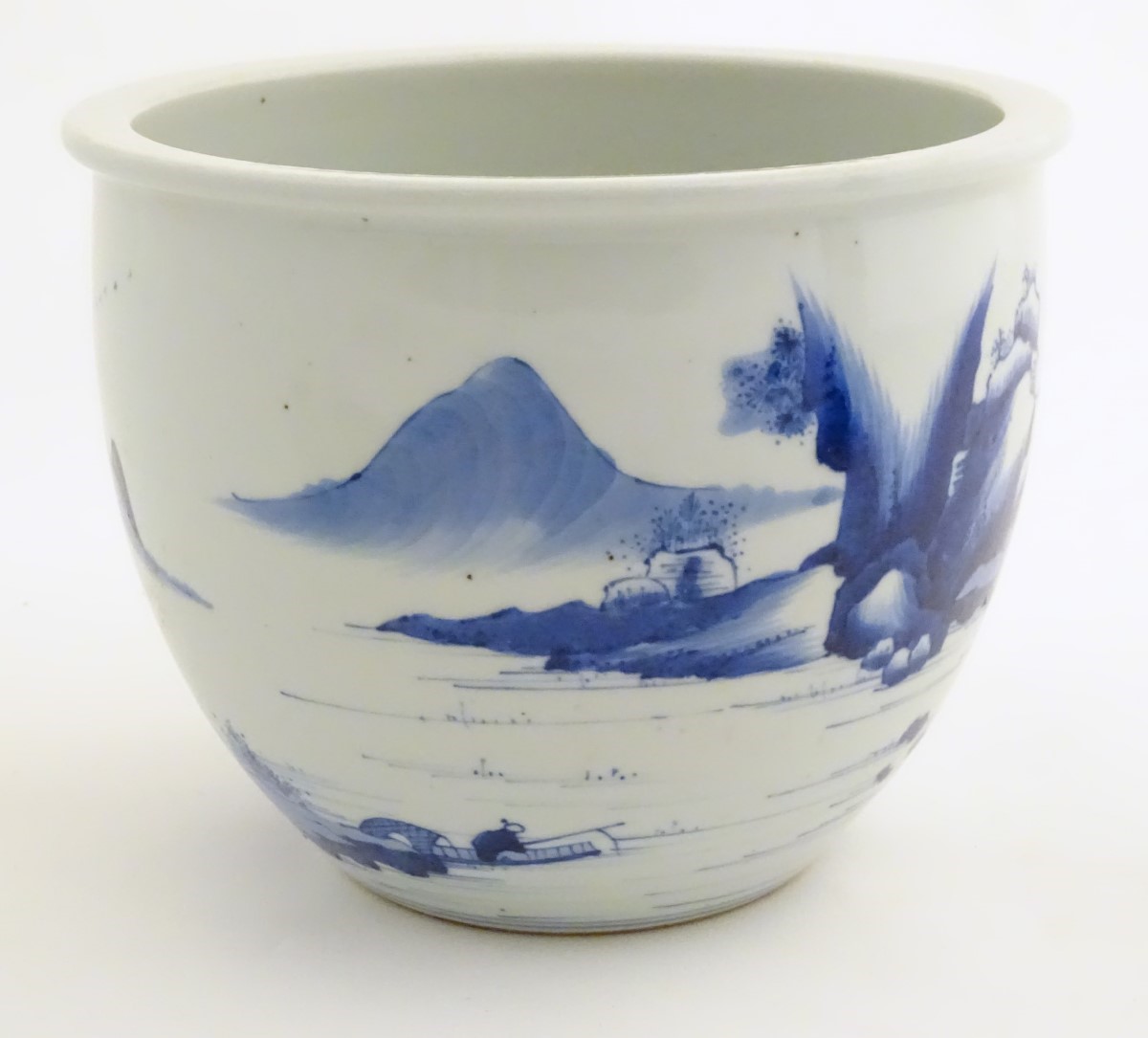 A Chinese blue and white jardiniere decorated with a mountainous landscape scene with figures, - Image 4 of 7