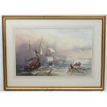 Charles Bentley (1806-1854) OWS, Watercolour , Marine School, Returning fishing boats off coast,