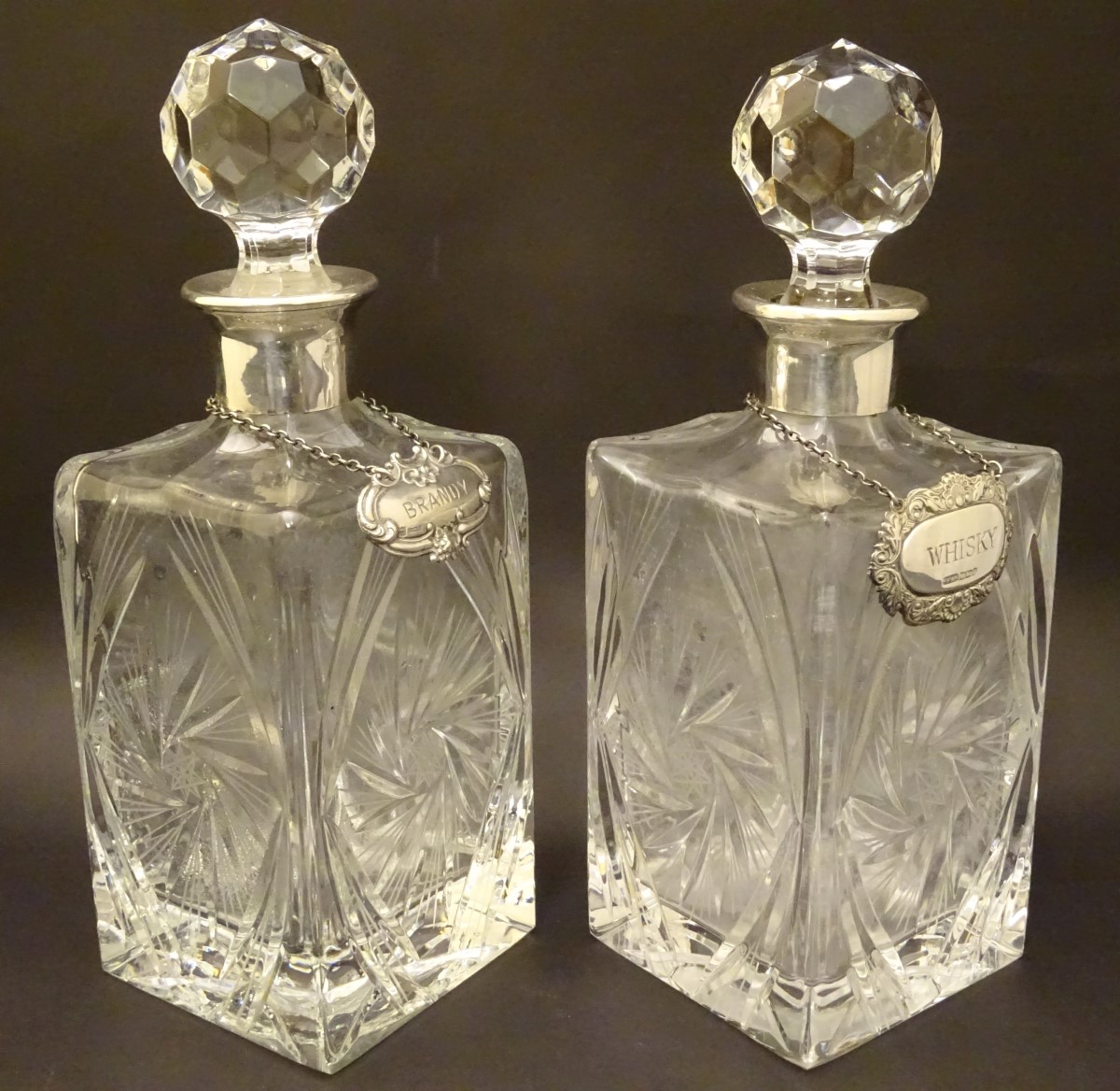 A pair of lead crystal decanters of squared form with mounted with silver collars, - Image 4 of 15